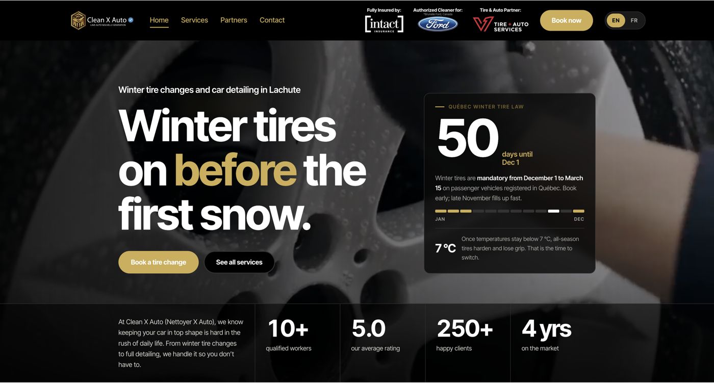 Clean X Auto homepage: winter tire hero with a countdown to the December 1 deadline