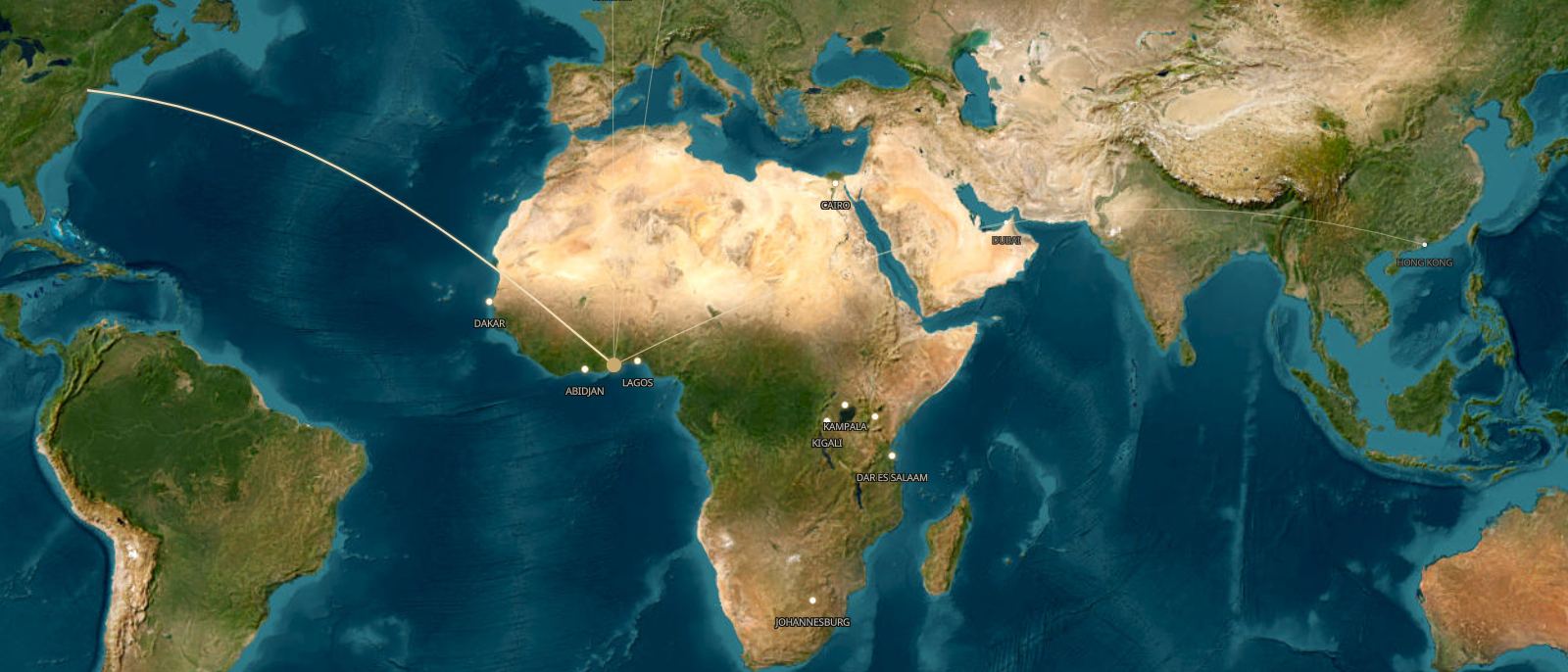 Satellite view of Africa and the Atlantic with the Atlas Economic Zone, Ghana marked and capital routes drawn from New York, London, Dubai, Oslo and Hong Kong